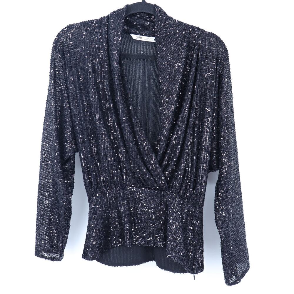 ZARA Draped Sequin Blouse Black Surplice V-Neckline Long Sleeve Women's S